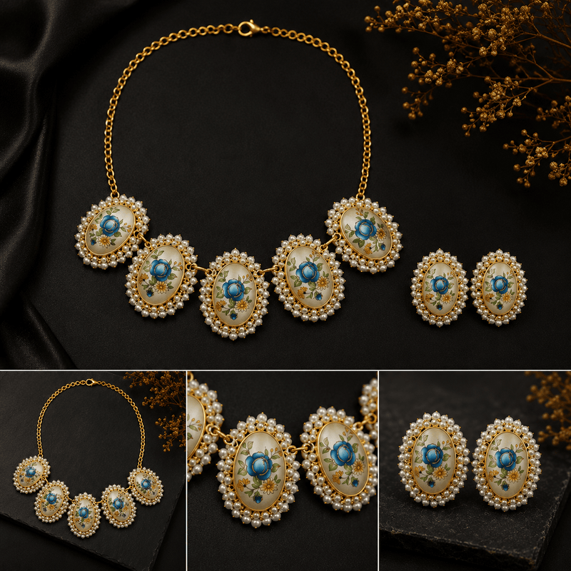 Aganya kreation jewelry Sets Dakshayani Japanese Stone Floral Pearl Statement Necklace Set | Designer Jewellery