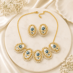 Aganya kreation jewelry Sets Dakshayani Japanese Stone Floral Pearl Statement Necklace Set | Designer Jewellery