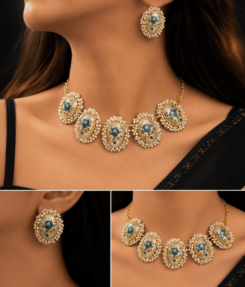 Aganya kreation jewelry Sets Dakshayani Japanese Stone Floral Pearl Statement Necklace Set | Designer Jewellery