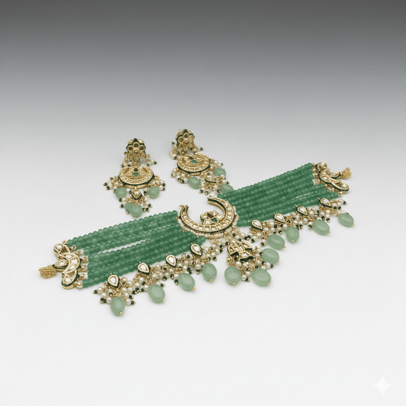 Aganya kreation jewelry Sets Elegant Emerald Green Kundan Choker Set with Pearl Droplets