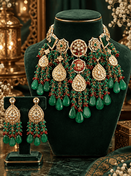 Aganya kreation jewelry Sets Gajgamini Pachi Kundan Set - Elegant Bridal Choker Necklace Dark-green