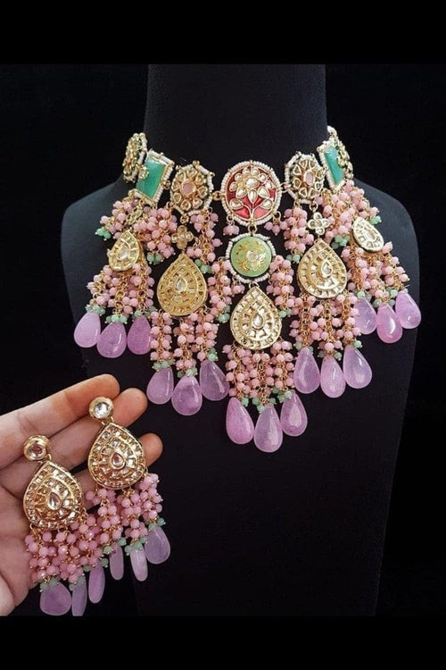 Aganya kreation jewelry Sets Gajgamini Pachi Kundan Set - Elegant Bridal Choker Necklace Pink and sky blue