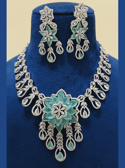 Aganya kreation jewelry Sets Hanya Luxury American Diamond Multicolor Statement Jewellery Set mint-green-with-white