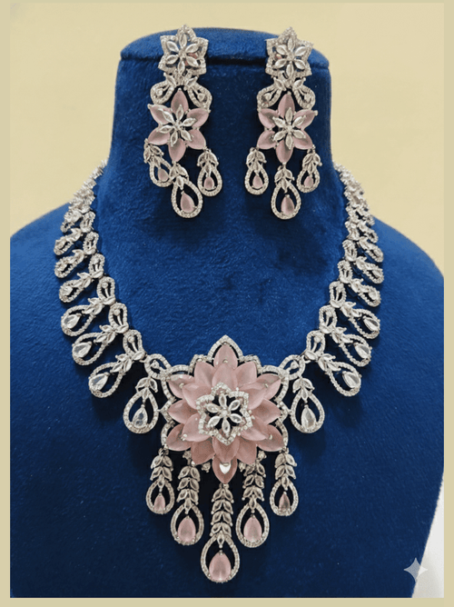Aganya kreation jewelry Sets Hanya Luxury American Diamond Multicolor Statement Jewellery Set pink