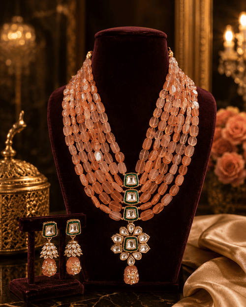 Aganya kreation jewelry Sets Heritage Onyx Beads Kundan Tanjore Gold Plated Jewelry Set Light Peach