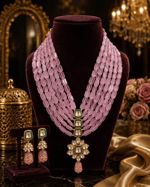Aganya kreation jewelry Sets Heritage Onyx Beads Kundan Tanjore Gold Plated Jewelry Set Pink