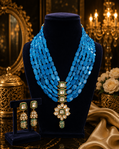 Aganya kreation jewelry Sets Heritage Onyx Beads Kundan Tanjore Gold Plated Jewelry Set Sky blue