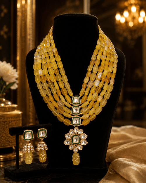 Aganya kreation jewelry Sets Heritage Onyx Beads Kundan Tanjore Gold Plated Jewelry Set Yellow