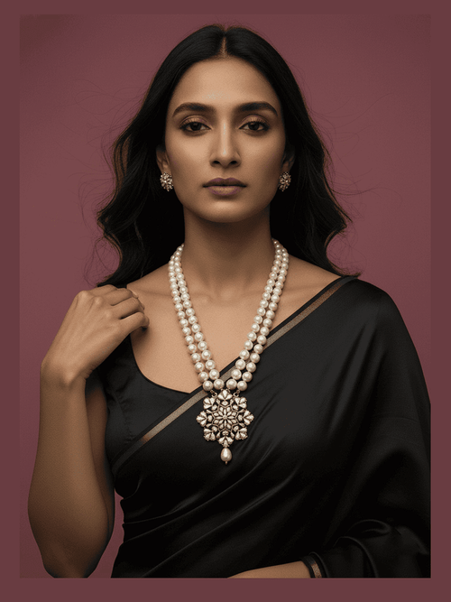 Kashvi Real Pearl Set with freshwater pearl pendant, earrings, and shell pearl mala on 22k gold plated brass chain by Aganya Kreation