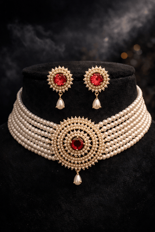 Aganya kreation jewelry Sets Kiyora Elegant Real Pearl Choker Set Red and white