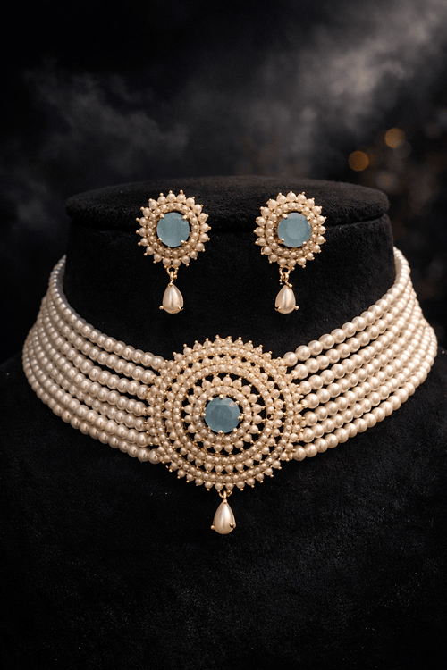 Aganya kreation jewelry Sets Kiyora Elegant Real Pearl Choker Set Sky blue and white