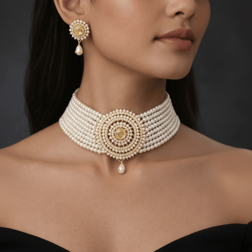 Aganya kreation jewelry Sets Kiyora Elegant Real Pearl Choker Set Yellow and white