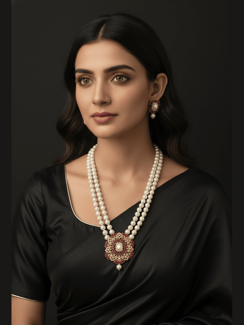 Laranya Real Pearl Set with freshwater, shell pearls and CZ stones in 22k gold plated brass by Aganya Kreation