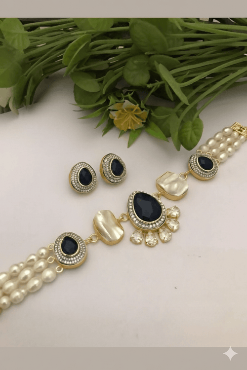 Aganya kreation jewelry Sets Leena Real Pearl Choker Set - Elegant Handcrafted Jewelry Dark blue