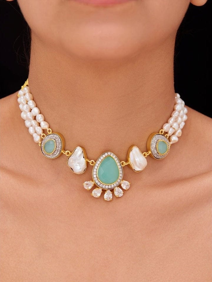 Aganya kreation jewelry Sets Leena Real Pearl Choker Set - Elegant Handcrafted Jewelry Green