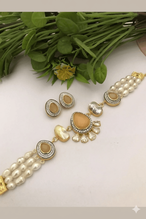 Aganya kreation jewelry Sets Leena Real Pearl Choker Set - Elegant Handcrafted Jewelry Peach