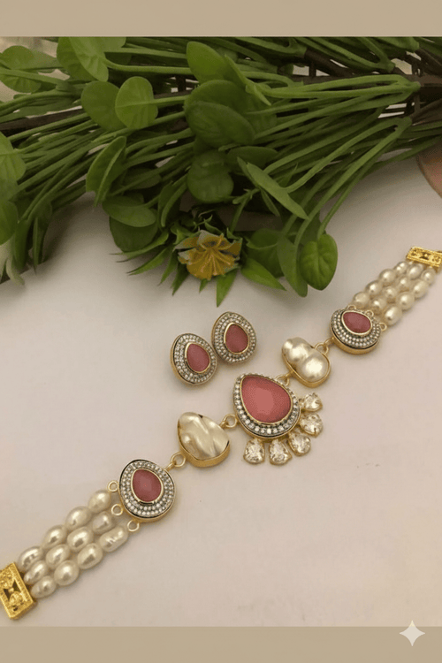 Aganya kreation jewelry Sets Leena Real Pearl Choker Set - Elegant Handcrafted Jewelry Pink