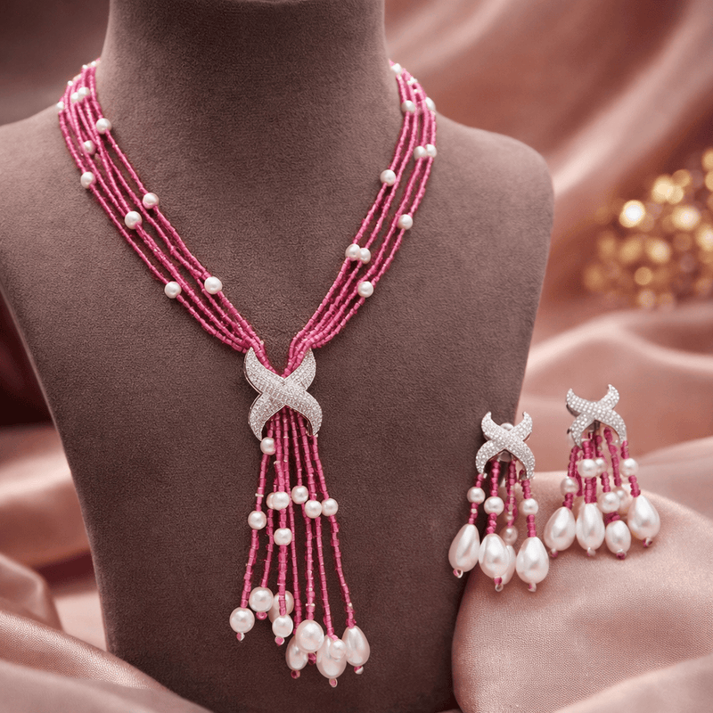 Aganya kreation jewelry Sets Luxury Multi-Strand Crystal Bead & Pearl Tassel Necklace Set