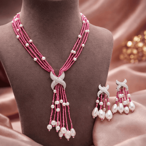 Aganya kreation jewelry Sets Luxury Multi-Strand Crystal Bead & Pearl Tassel Necklace Set