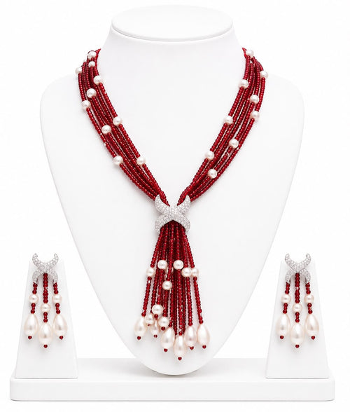 Aganya kreation jewelry Sets Luxury Multi-Strand Crystal Bead & Pearl Tassel Necklace Set — CZ Connector, 6 Colour Variants