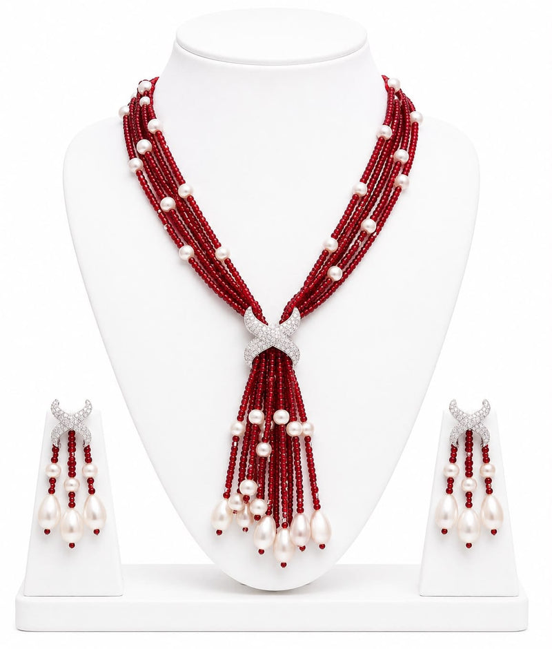 Aganya kreation jewelry Sets Luxury Multi-Strand Crystal Bead & Pearl Tassel Necklace Set — CZ Connector, 6 Colour Variants