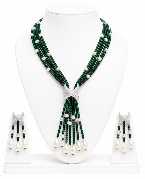 Aganya kreation jewelry Sets Luxury Multi-Strand Crystal Bead & Pearl Tassel Necklace Set — CZ Connector, 6 Colour Variants