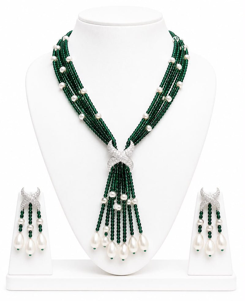 Aganya kreation jewelry Sets Luxury Multi-Strand Crystal Bead & Pearl Tassel Necklace Set — CZ Connector, 6 Colour Variants