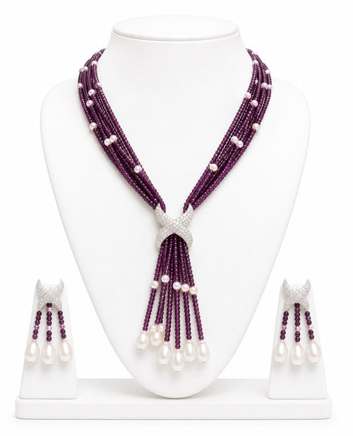 Aganya kreation jewelry Sets Luxury Multi-Strand Crystal Bead & Pearl Tassel Necklace Set — CZ Connector, 6 Colour Variants
