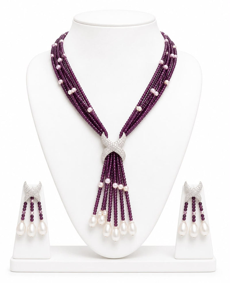 Aganya kreation jewelry Sets Luxury Multi-Strand Crystal Bead & Pearl Tassel Necklace Set — CZ Connector, 6 Colour Variants