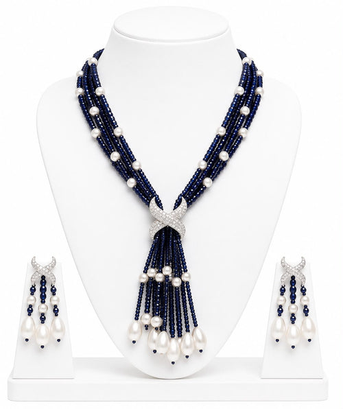 Aganya kreation jewelry Sets Luxury Multi-Strand Crystal Bead & Pearl Tassel Necklace Set — CZ Connector, 6 Colour Variants