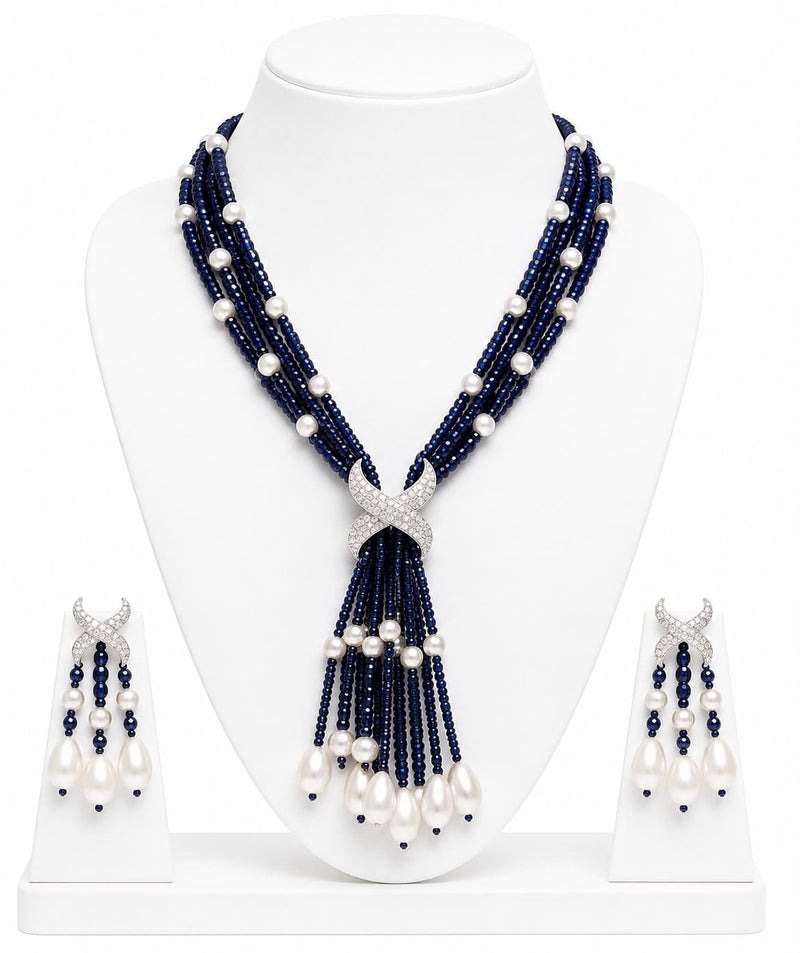 Aganya kreation jewelry Sets Luxury Multi-Strand Crystal Bead & Pearl Tassel Necklace Set — CZ Connector, 6 Colour Variants