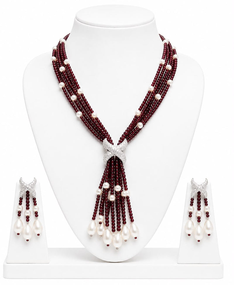 Aganya kreation jewelry Sets Luxury Multi-Strand Crystal Bead & Pearl Tassel Necklace Set — CZ Connector, 6 Colour Variants