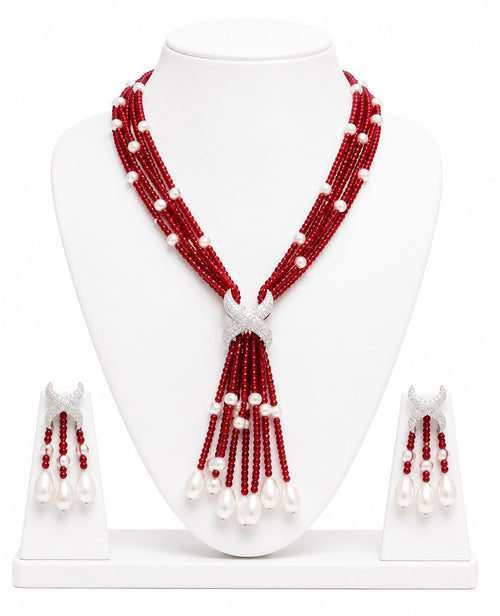 Aganya kreation jewelry Sets Luxury Multi-Strand Crystal Bead & Pearl Tassel Necklace Set — CZ Connector, 6 Colour Variants