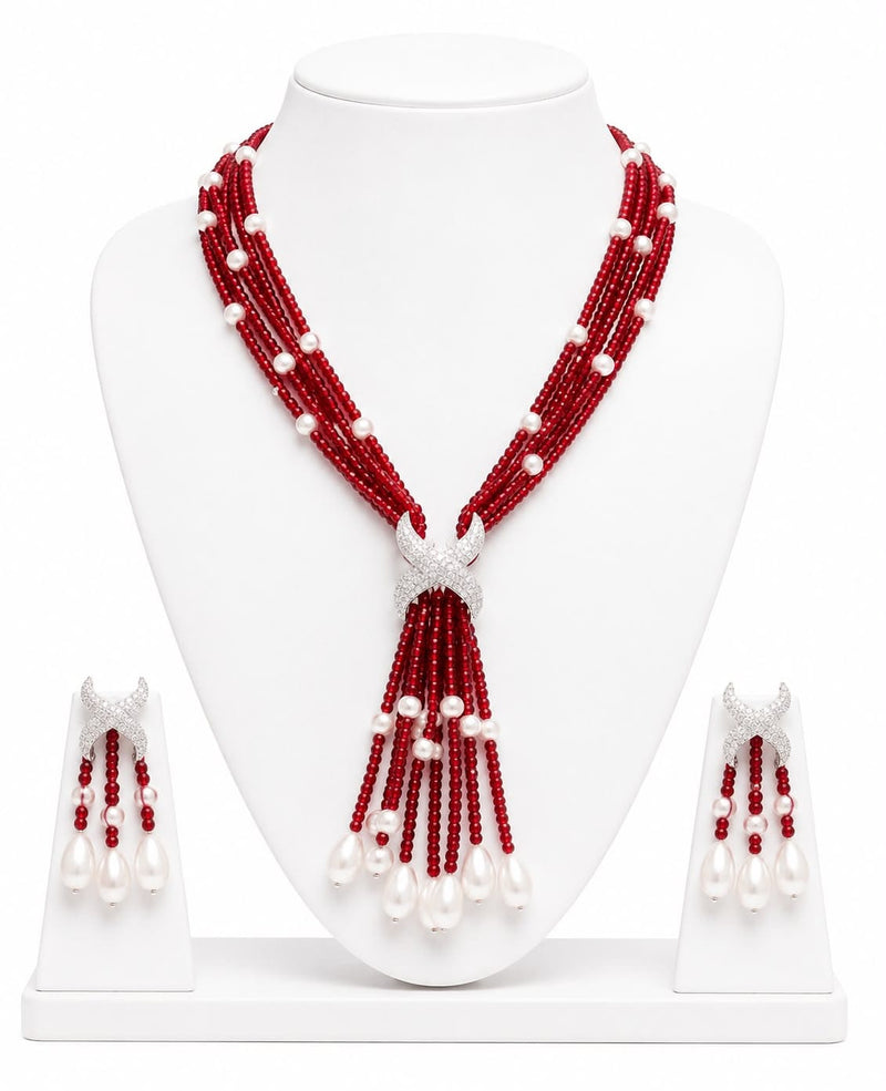 Aganya kreation jewelry Sets Luxury Multi-Strand Crystal Bead & Pearl Tassel Necklace Set — CZ Connector, 6 Colour Variants