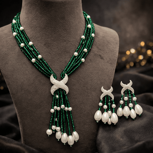 Aganya kreation jewelry Sets Luxury Multi-Strand Crystal Bead & Pearl Tassel Necklace Set Dark green