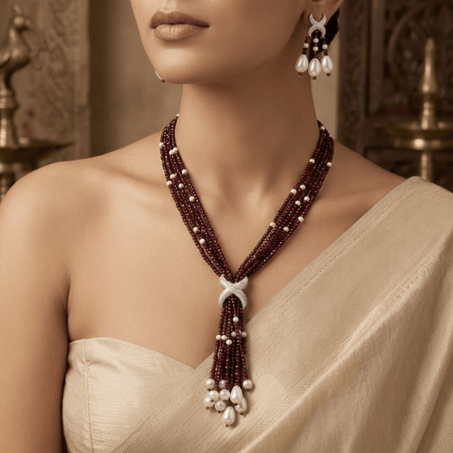 Aganya kreation jewelry Sets Luxury Multi-Strand Crystal Bead & Pearl Tassel Necklace Set Dark maroon