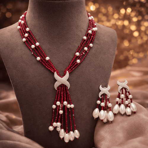 Aganya kreation jewelry Sets Luxury Multi-Strand Crystal Bead & Pearl Tassel Necklace Set Dark red