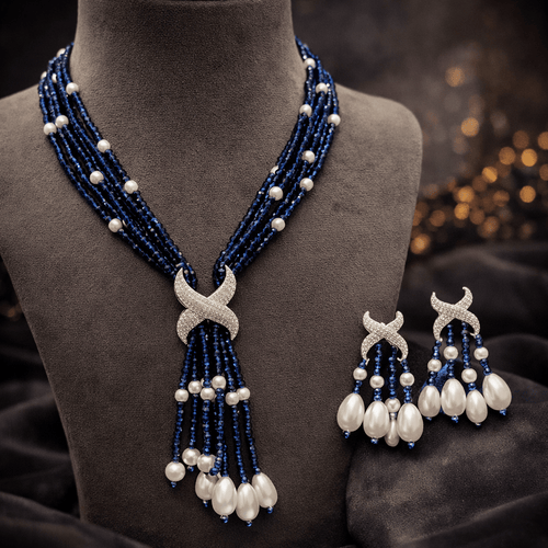 Aganya kreation jewelry Sets Luxury Multi-Strand Crystal Bead & Pearl Tassel Necklace Set Navy