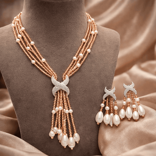 Aganya kreation jewelry Sets Luxury Multi-Strand Crystal Bead & Pearl Tassel Necklace Set Peach