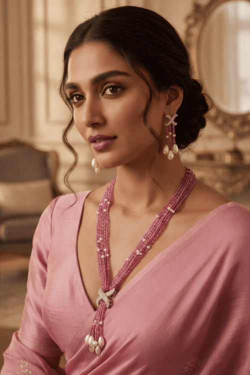 Luxury Multi-Strand Crystal Bead and Pearl Tassel Necklace Set by Aganya Kreation — cascading pearl tassel necklace with CZ micro-pavé connector and matching tassel earrings, navy blue shown