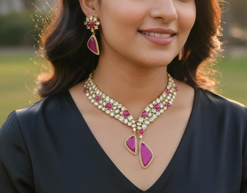 Aganya kreation jewelry Sets Mahtab polki kundan Royal Wedding Jewelry Set Dark pink