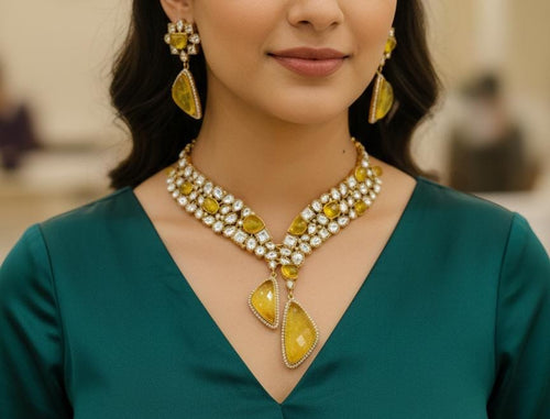 Aganya kreation jewelry Sets Mahtab polki kundan Royal Wedding Jewelry Set Yellow