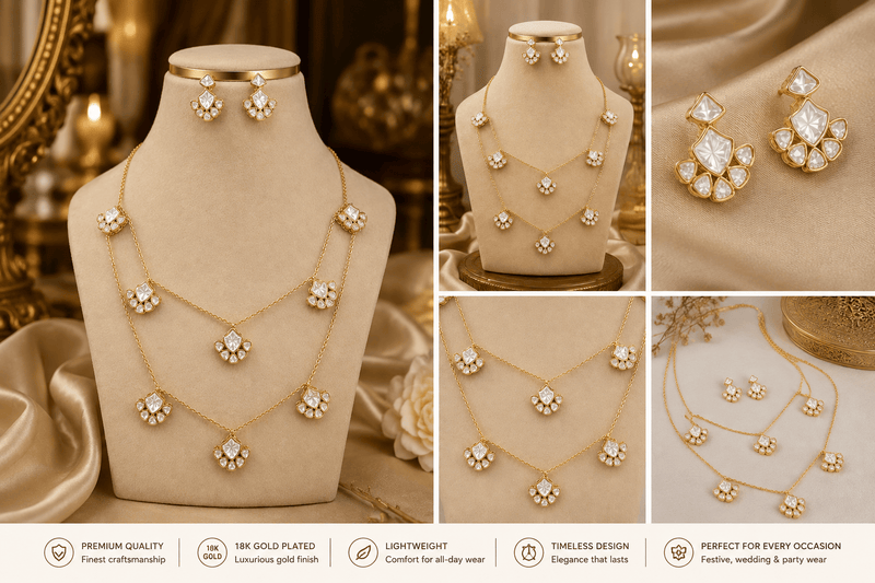 Aganya kreation jewelry Sets Malavika 22K Gold Plated Masonite Polki Kundan Necklace Set in Pure Brass