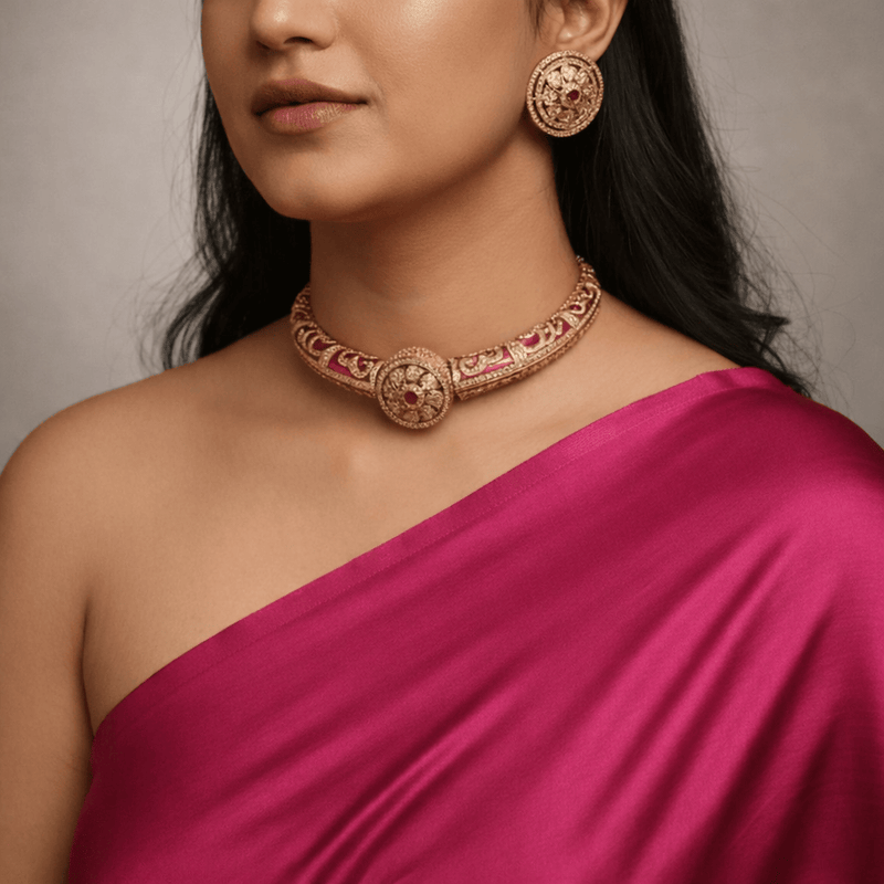 Aganya kreation jewelry Sets Mallika Heritage Gold Tone Hasli Choker with Stud Earrings