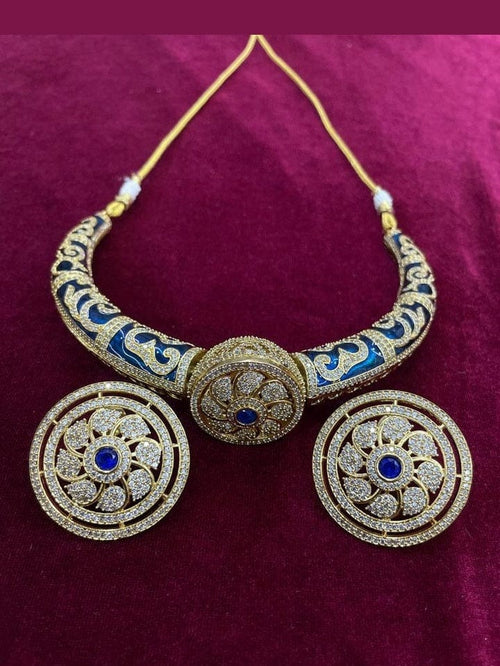 Aganya kreation jewelry Sets Mallika Heritage Gold Tone Hasli Choker with Stud Earrings Dark blue