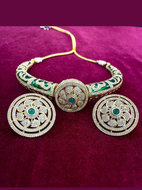 Aganya kreation jewelry Sets Mallika Heritage Gold Tone Hasli Choker with Stud Earrings Dark green