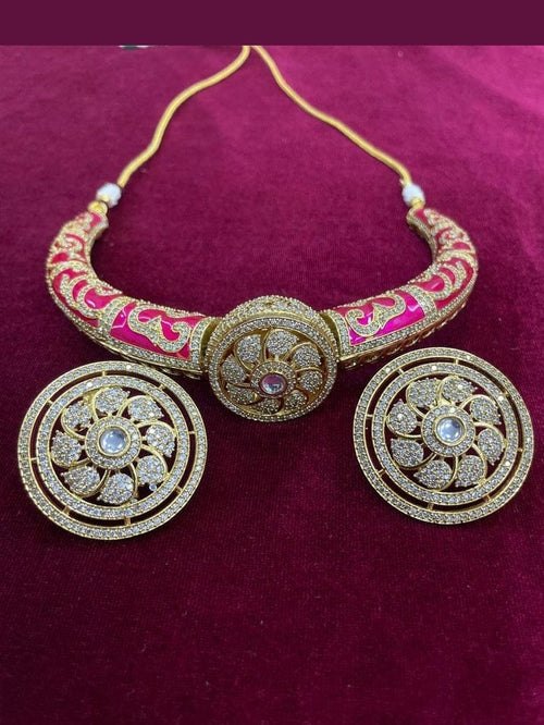Aganya kreation jewelry Sets Mallika Heritage Gold Tone Hasli Choker with Stud Earrings Dark pink