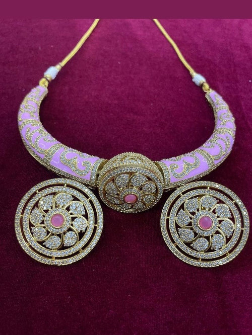 Aganya kreation jewelry Sets Mallika Heritage Gold Tone Hasli Choker with Stud Earrings Light pink