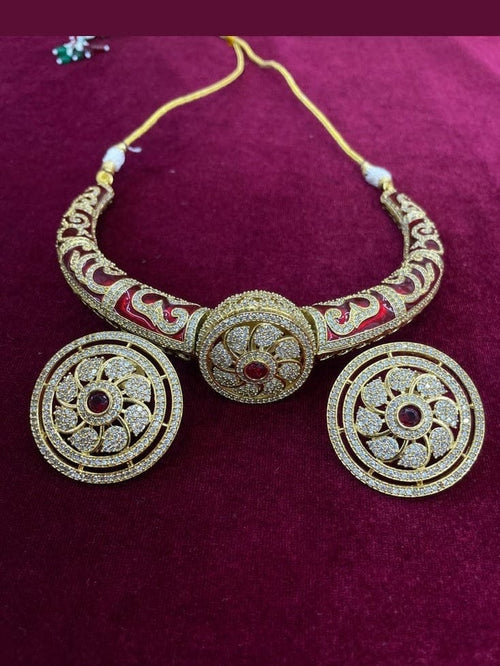 Aganya kreation jewelry Sets Mallika Heritage Gold Tone Hasli Choker with Stud Earrings Maroon red