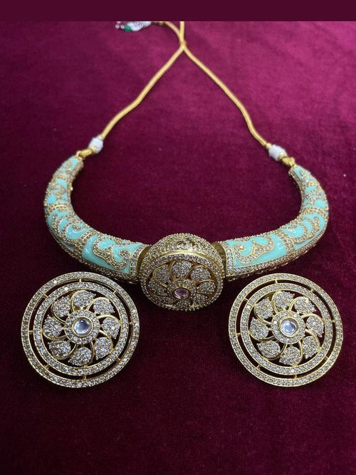 Aganya kreation jewelry Sets Mallika Heritage Gold Tone Hasli Choker with Stud Earrings Mint
